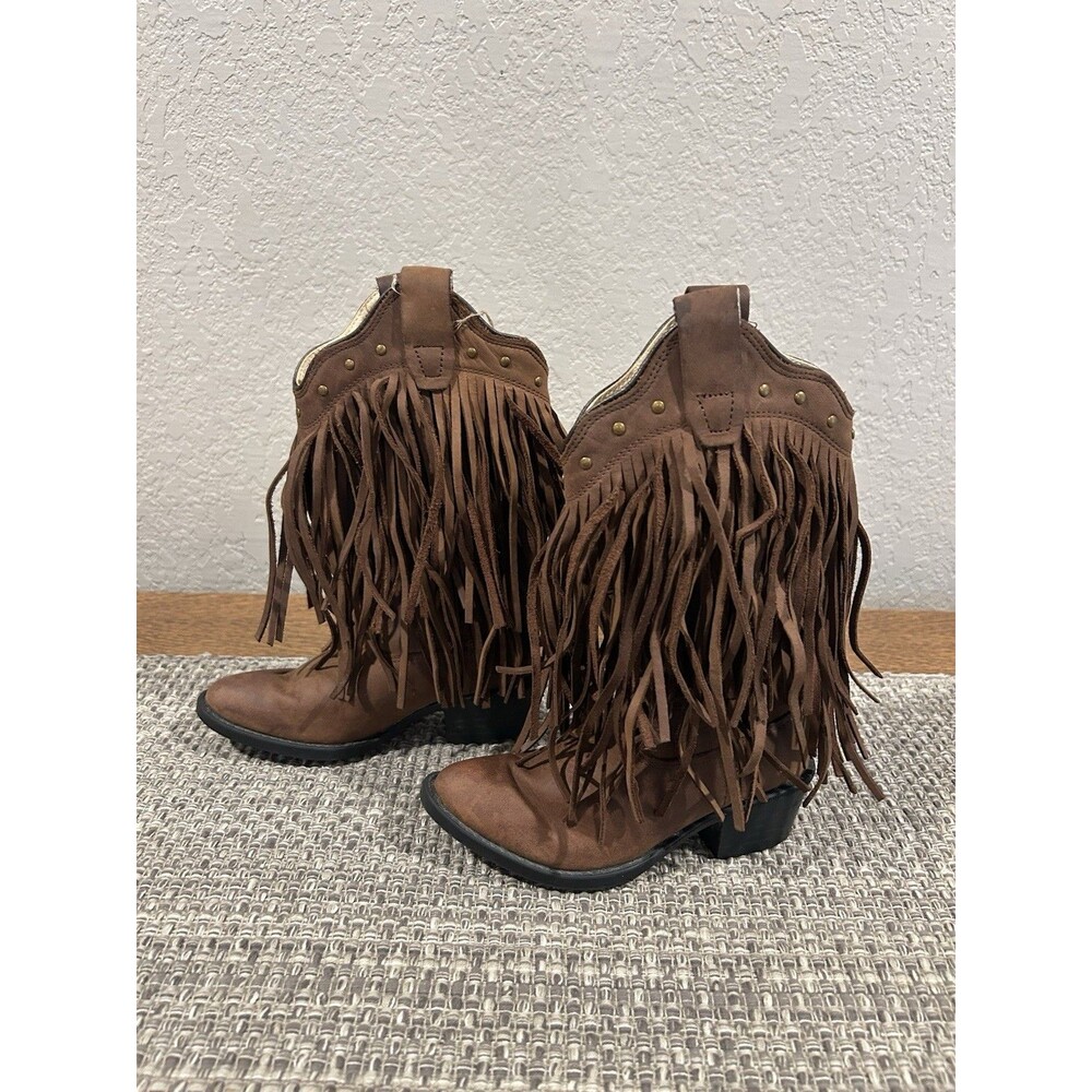 Old West Kids Girls Toddler Fringed Cowboy Boots Brown Leather Size 10